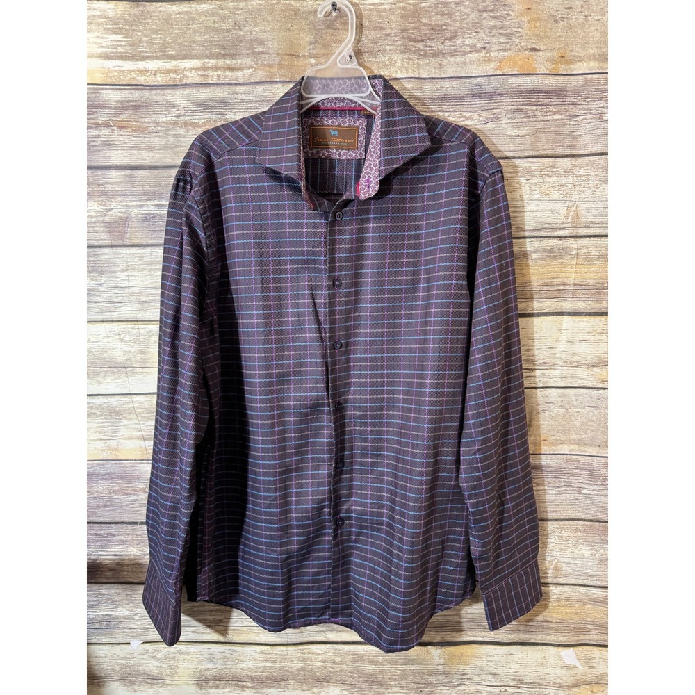 James Tattersall London Mens Large Purple Plaid Cotton Button Down Shirt L